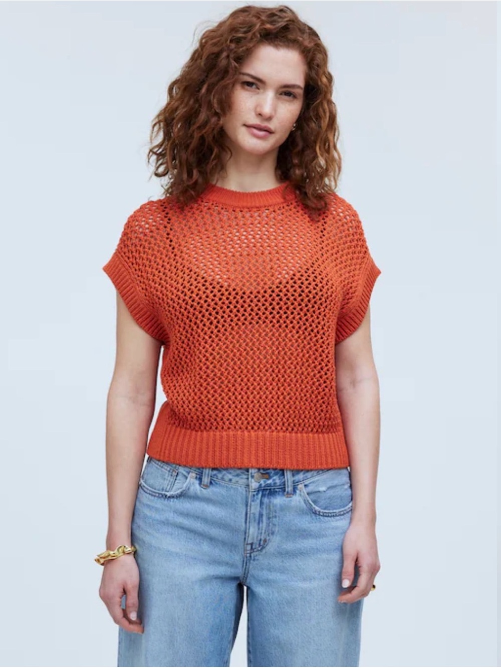 Open-Knit Short Sleeve Sweater Vest in Rust - Picture 2 of 6